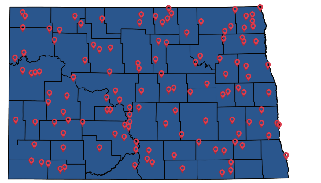 A map of North Dakota indicating the cities in which we have at least one housing photo from.