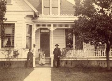 Pembina 1895 - Erling Sannes Papers Man, woman and girl outside home of N. E. Nelson 